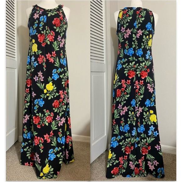 Calvin Klein Black & Florals Flared A-Line Skirt Maxi Dress M Medium - Picture 1 of 16